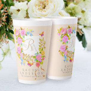 Romantische bloeiende tuin monogram beige latte mo mok