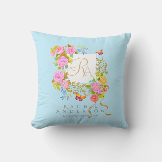 Romantische Bloeiende Tuin Monogram Blauw Kussen (Voorkant)