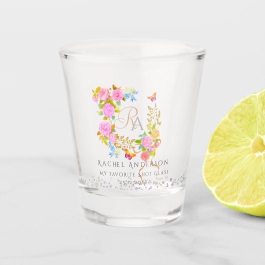 Romantische bloeiende tuinmonogram shot glas (Voorkant)