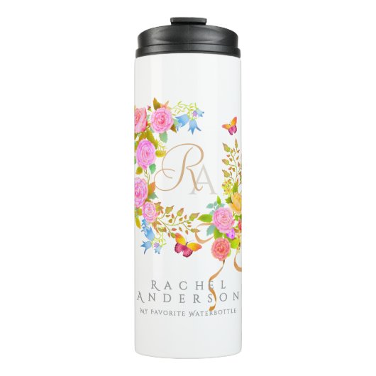 Romantische bloeiende tuinmonogram thermosbeker (Voorkant)