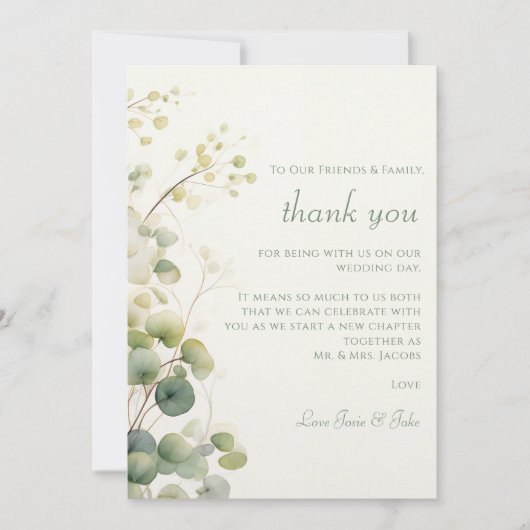 Romantische bloem- eucalyptusbladeren bruiloftstaf bedankkaart (Voorkant)