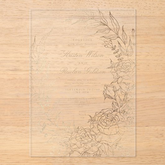 Romantische bloem gouden krans bruiloft acryl uitnodigingen (Voorkant)