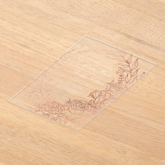 Romantische Bloem Rozen Gouden Krans Trouwen Acryl Uitnodigingen (Laagn)