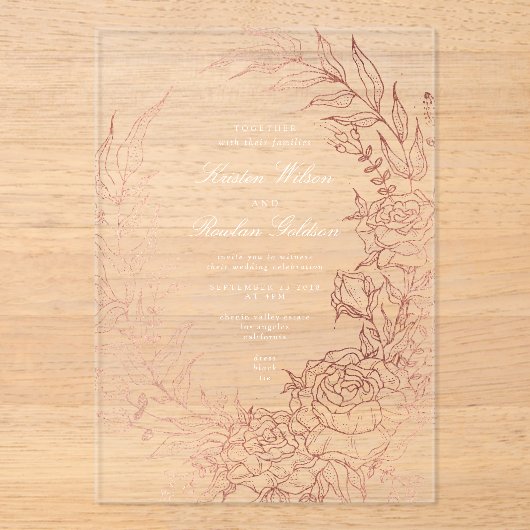 Romantische Bloem Rozen Gouden Krans Trouwen Acryl Uitnodigingen (Voorkant)