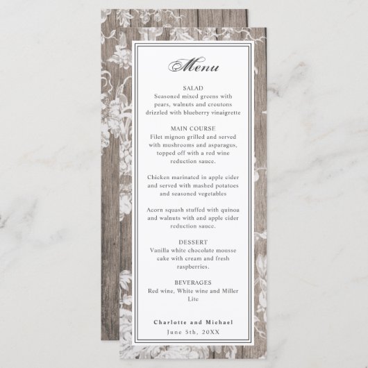 Romantische bloemdruk in het menu van de houtbruil (Voorkant / Achterkant)