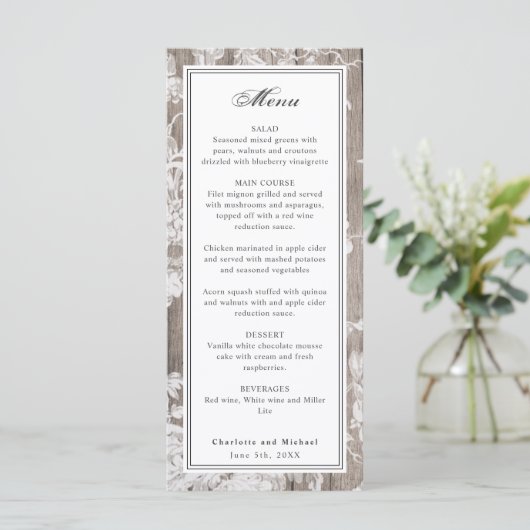 Romantische bloemdruk in het menu van de houtbruil (Staand voorkant)