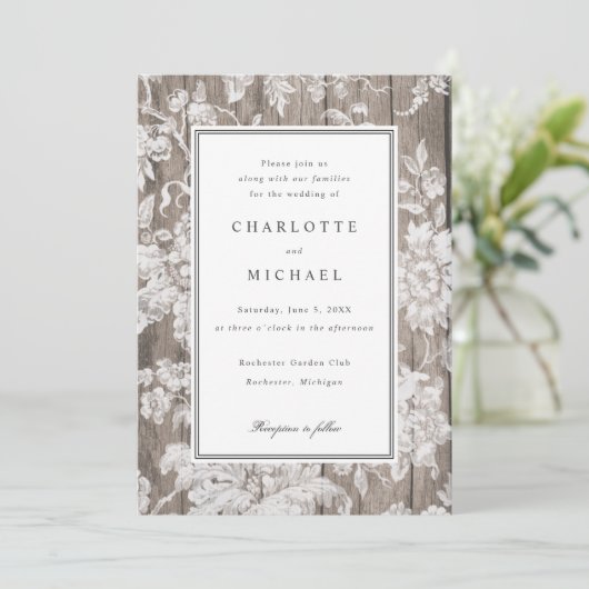 Romantische bloemdruk op uitnodiging voor een hout (Staand voorkant)