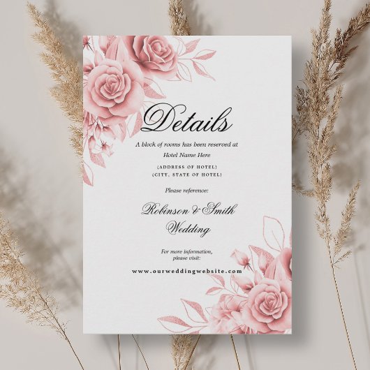 Romantische Bloemen Blush Roze bruiloft Details Informatiekaartje