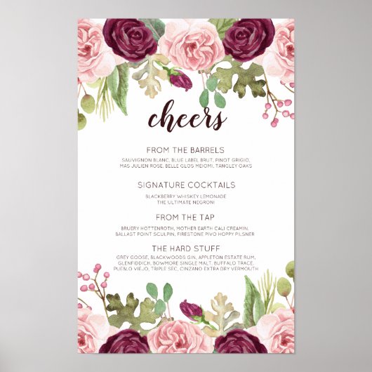 Romantische Bloemen Bruiloftsbarmenu Poster (Voorkant)