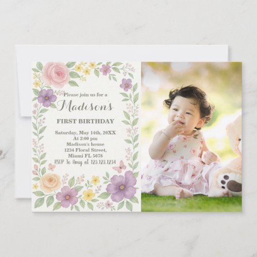 Romantische Bloemen Eerste Verjaardag Uitnodiging (Voorkant)