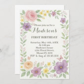 Romantische Bloemen Eerste Verjaardag Uitnodiging (Voorkant / Achterkant)