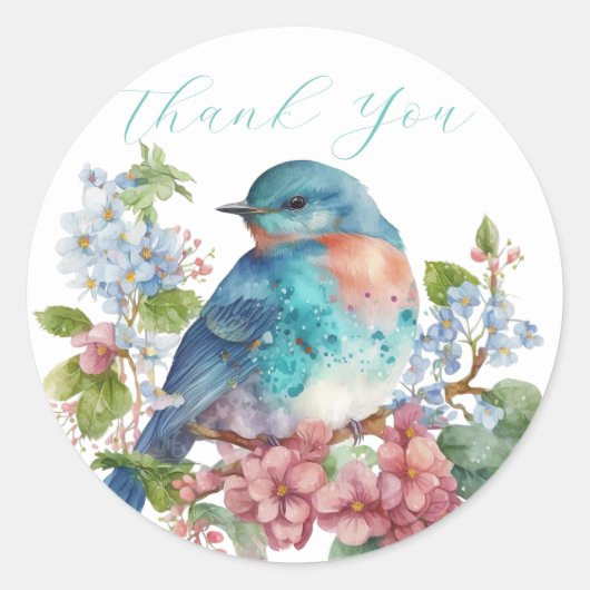 Romantische bloemen en blauwe vogel dank u ronde sticker (Voorkant)