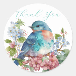 Romantische bloemen en blauwe vogel dank u ronde sticker