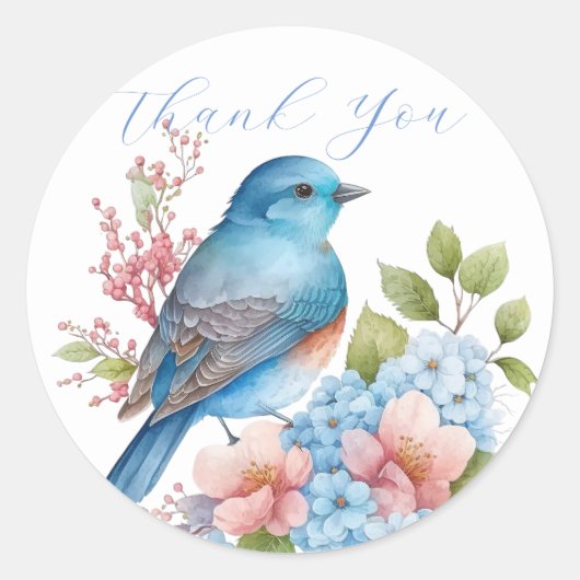 Romantische bloemen en blauwe vogel dank u ronde sticker (Voorkant)