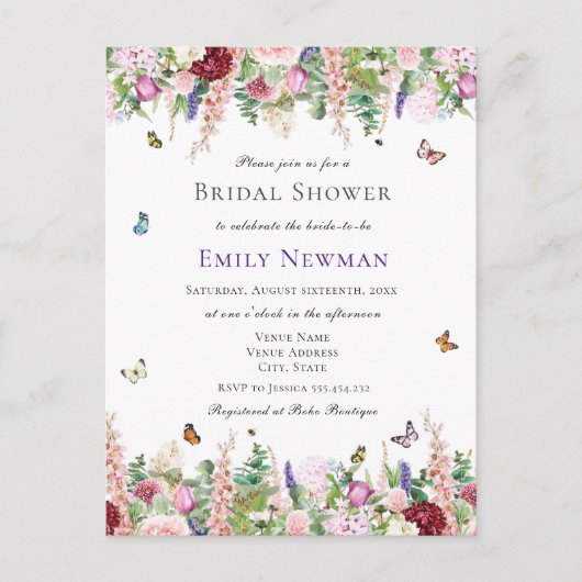 Romantische bloemen en botervliegen | VRIJGEZELLEN Uitnodiging Briefkaart (Voorkant)