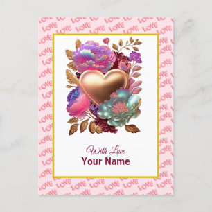 Romantische bloemen en gouden hart briefkaart