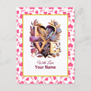 Romantische bloemen en gouden hart briefkaart