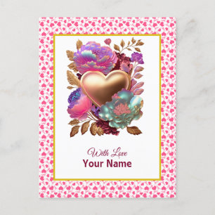 Romantische bloemen en gouden hart briefkaart