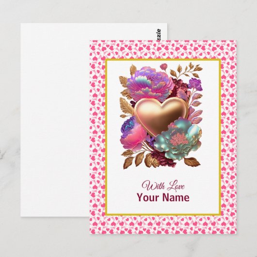 Romantische bloemen en gouden hart briefkaart (Voorkant / Achterkant)