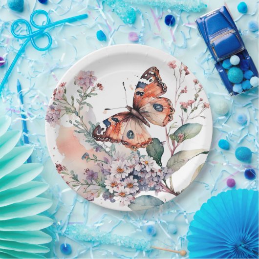 Romantische bloemen en oranje vlinder papieren bordje (Feest)