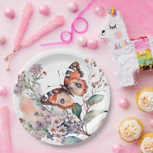 Romantische bloemen en oranje vlinder papieren bordje (Feest)
