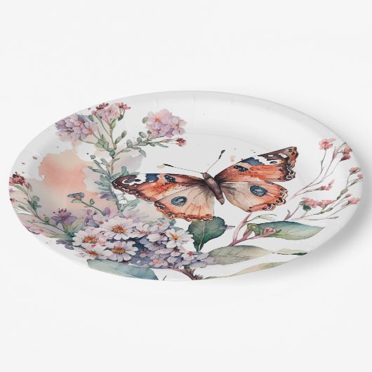 Romantische bloemen en oranje vlinder papieren bordje (Gekanteld)