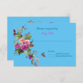 Romantische bloemen en vlinder op blauwe RSVP (Voorkant / Achterkant)