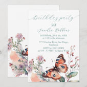 Romantische bloemen en vlinder Verjaardag Uitnodig Kaart (Voorkant / Achterkant)