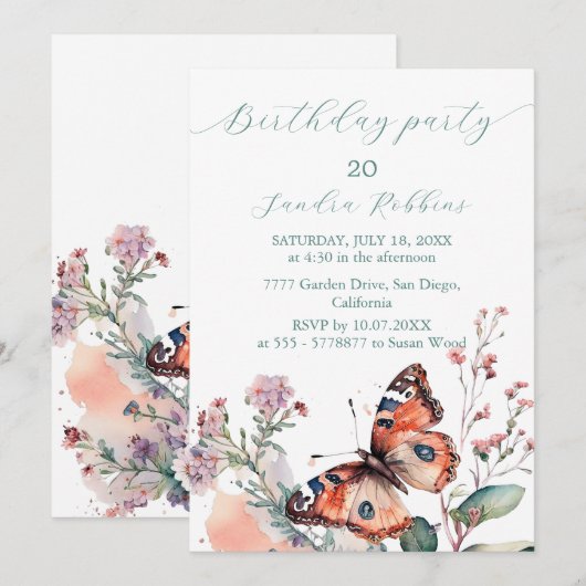 Romantische bloemen en vlinder Verjaardag Uitnodig Kaart (Voorkant / Achterkant)