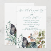 Romantische bloemen en vlinder Verjaardag Uitnodig Kaart (Voorkant / Achterkant)