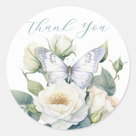 Romantische bloemen en witte vlinder dank u ronde sticker