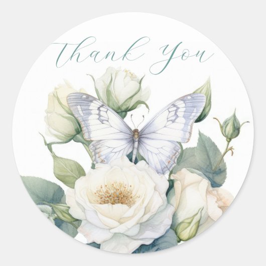 Romantische bloemen en witte vlinder dank u ronde sticker (Voorkant)