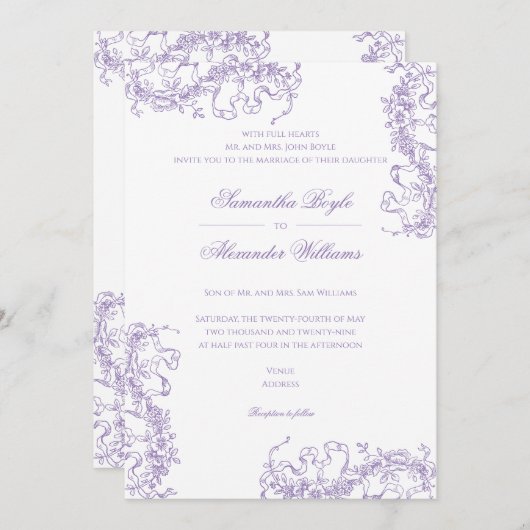 Romantische Bloemen Franse Rococo Lavendel Huwelij Kaart (Voorkant / Achterkant)