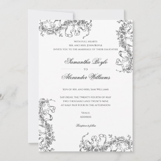 Romantische Bloemen Franse Rococo Zwart Wit Huweli Kaart (Voorkant)