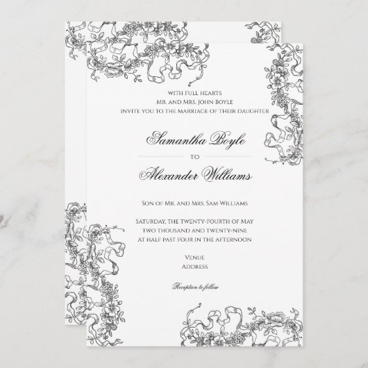 Romantische Bloemen Franse Rococo Zwart Wit Huweli Kaart (Voorkant / Achterkant)