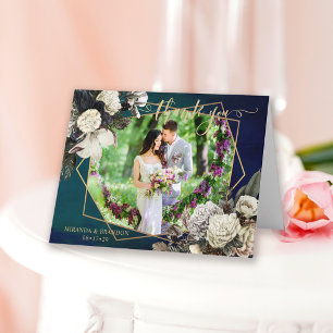 Romantische Bloemen Gouden Krans Foto Bruiloft Bedankkaart