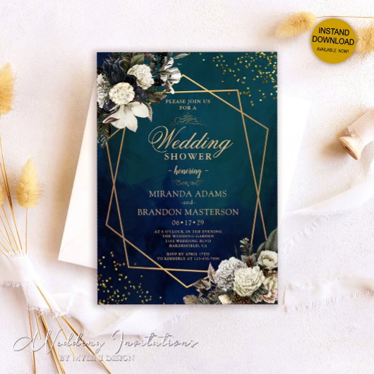 Romantische Bloemen Gouden Krans Smaragdgroene bru Kaart