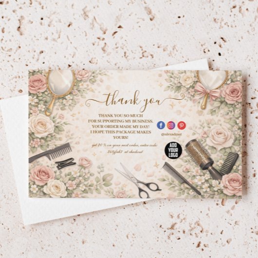Romantische bloemen haarstudio branding bedankkaart