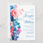 Romantische Bloemen Huwelijk Elegant Script Blauw  Kaart (Voorkant)