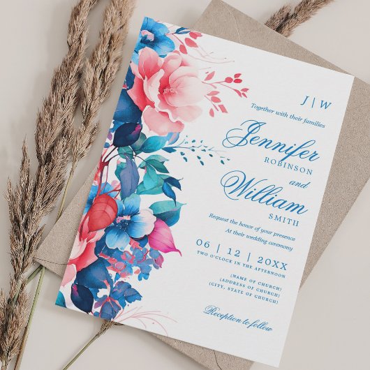 Romantische Bloemen Huwelijk Elegant Script Blauw  Kaart