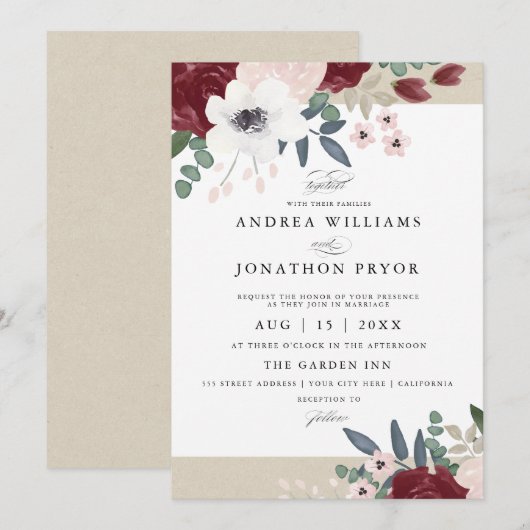 Romantische Bloemen Huwelijksuitnodiging Kaart (Voorkant / Achterkant)