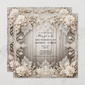 Romantische bloemen kant + hout rustieke bruiloft kaart (Voorkant / Achterkant)