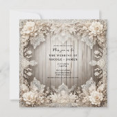 Romantische bloemen kant + hout rustieke bruiloft kaart (Voorkant)