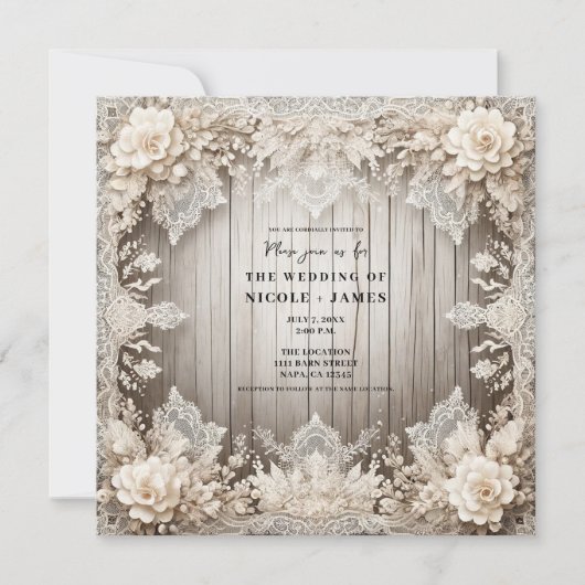 Romantische bloemen kant + hout rustieke bruiloft kaart (Voorkant)