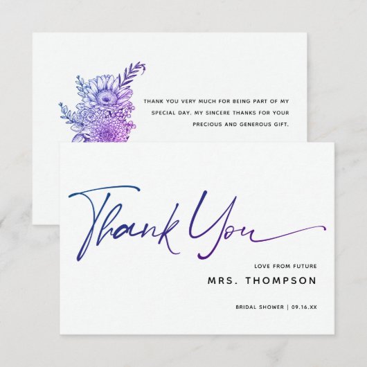 Romantische bloemen moderne script bruidssalon bedankkaart (Voorkant / Achterkant)