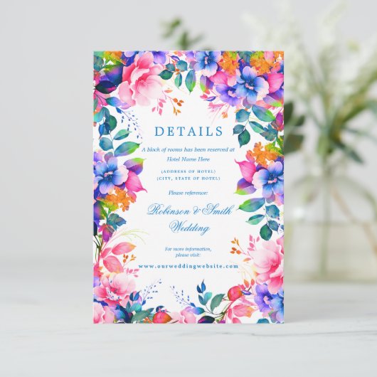 Romantische Bloemen Regenboog Ombre Trouwdetails Informatiekaartje (Staand voorkant)
