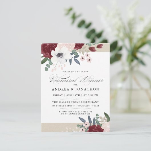 Romantische Bloemen Repetitie diner uitnodigen Kaart (Staand voorkant)