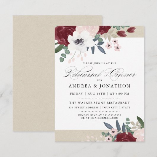 Romantische Bloemen Repetitie diner uitnodigen Kaart (Voorkant / Achterkant)