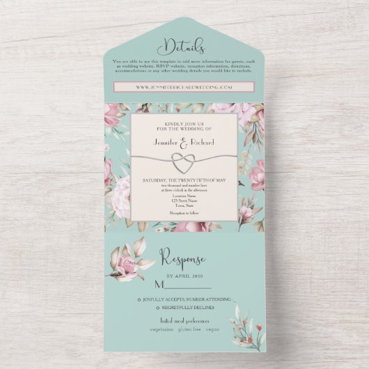 Romantische Bloemen Toile bruiloft All In One Uitnodiging (Binnen)