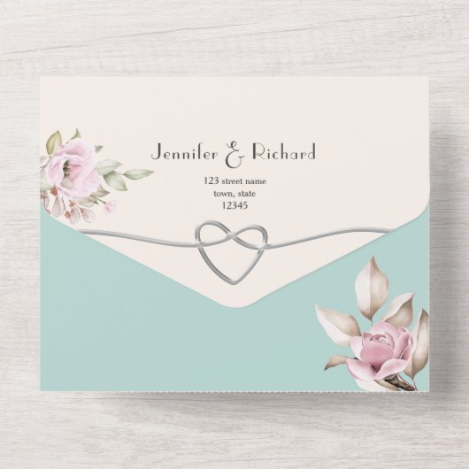 Romantische Bloemen Toile bruiloft All In One Uitnodiging (Achterkant)